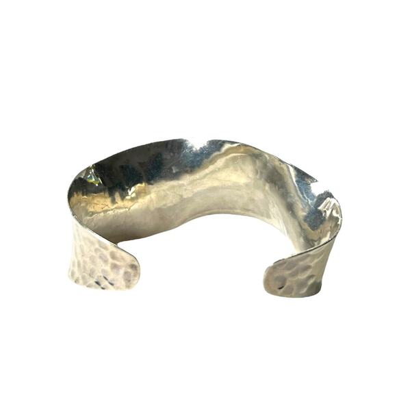 Hammered 925 Silver Bracelet Wave Bone Cuff Raised Wrist Mexico Modernist Boho - Picture 7 of 12